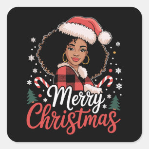 Merry Christmas Black African Girl Santa Hat Xmas  Square Sticker