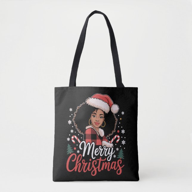 Merry Christmas Black African Girl Santa Hat Xmas  Tote Bag (Front)