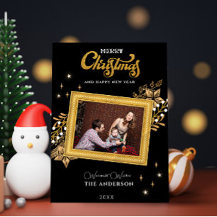 Merry Christmas Black and Gold arch Photo Holiday  Invitation