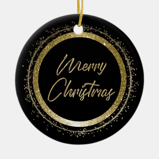 Merry Christmas Black and Gold Ceramic Tree Decoration (Front)
