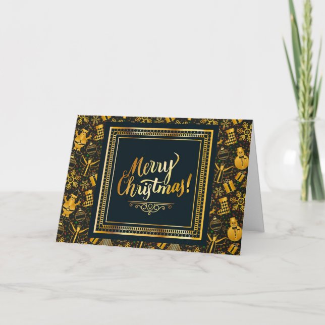 Merry Christmas Black and Gold Personalised Card (Front)