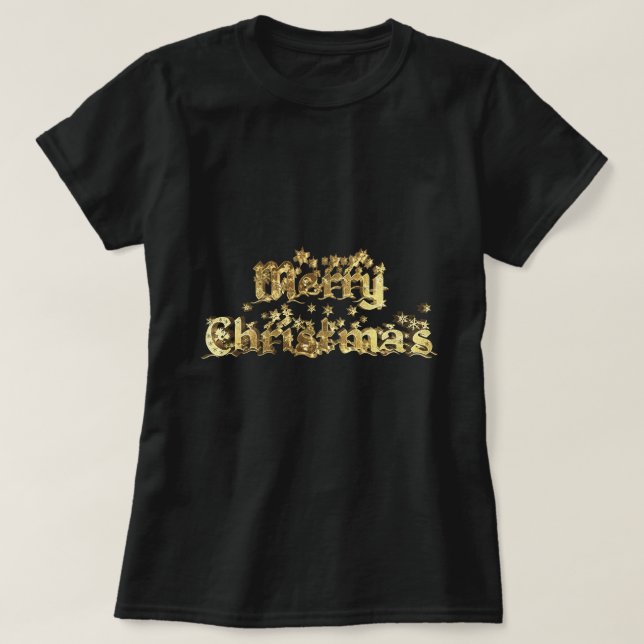 Merry Christmas Black and Gold Stars Typography T-Shirt (Design Front)