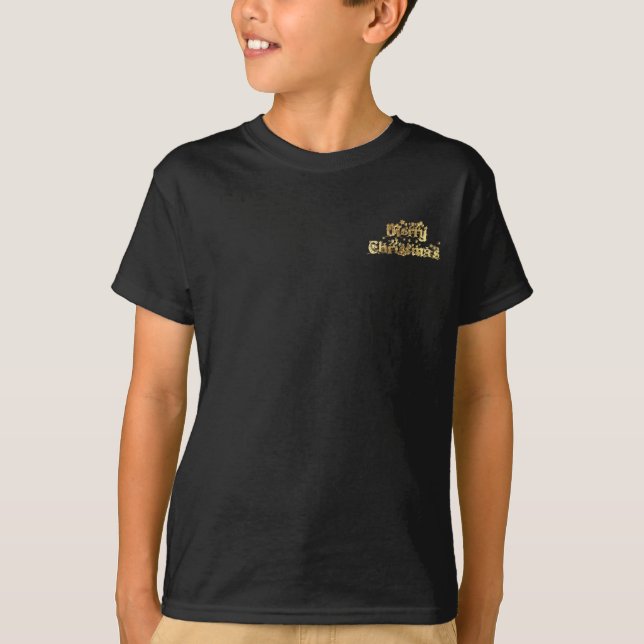 Merry Christmas Black and Gold Stars Typography T-Shirt (Front)