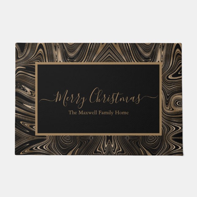 Merry Christmas black and gold swirl family name  Doormat (Front)