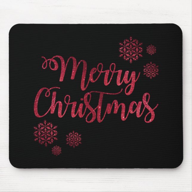 Merry Christmas Black and Red Snowflake Typography Mouse Pad (Front)