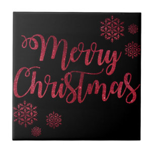 Merry Christmas Black and Red Snowflake Typography Tile