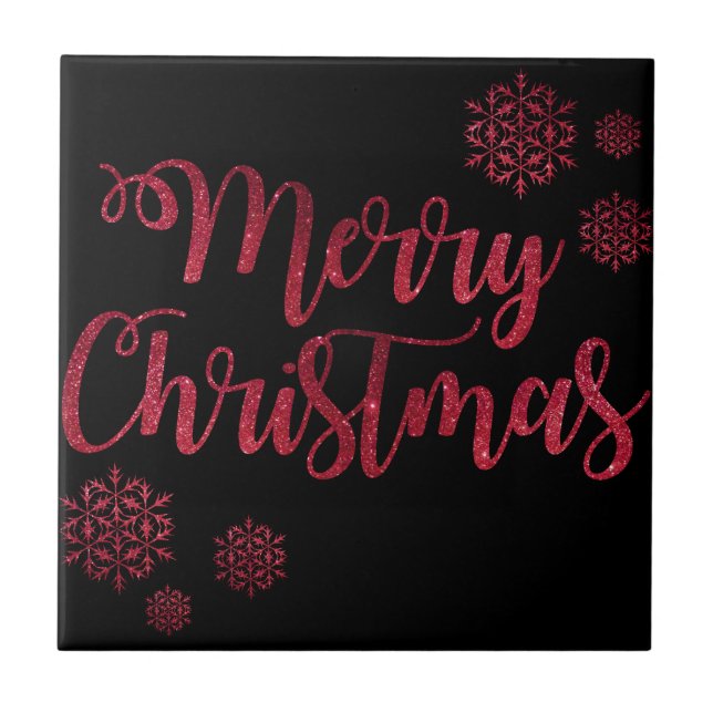 Merry Christmas Black and Red Snowflake Typography Tile (Front)