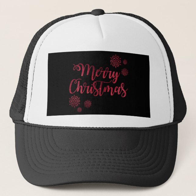 Merry Christmas Black and Red Snowflake Typography Trucker Hat (Front)