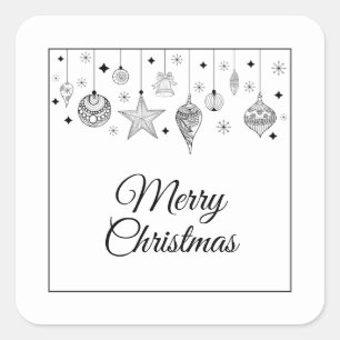 Merry Christmas Black and White Baubles Square Sticker