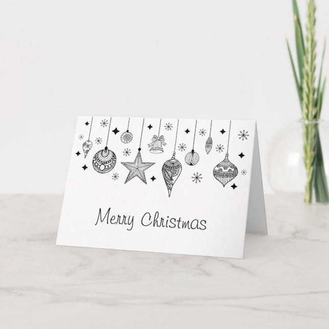 Merry Christmas Black and White Christmas Baubles Holiday Card (Front)