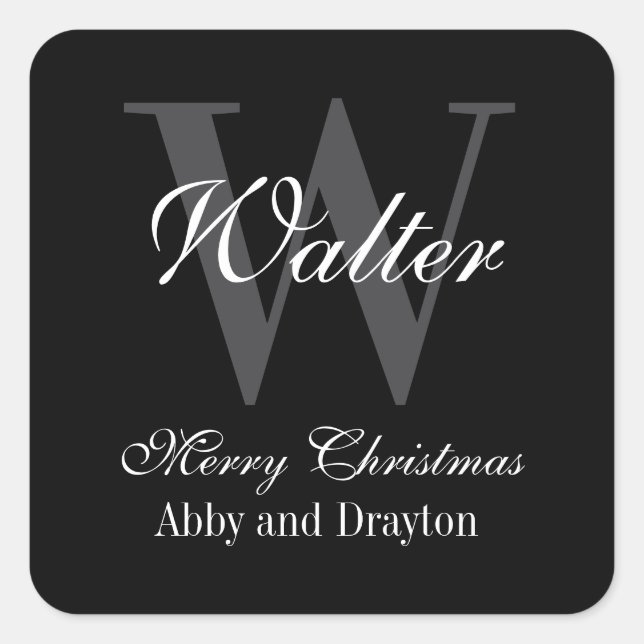 Merry Christmas Black And White Custom Monogram Square Sticker (Front)