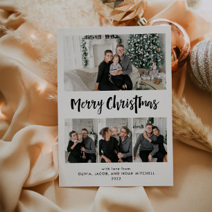 Merry Christmas Black and White Multi Photo Grid Holiday Card
