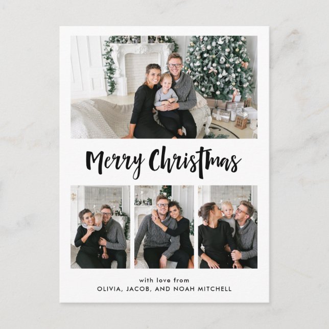 Merry Christmas | Black and White Multi Photo Grid Holiday Postcard (Front)