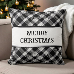Merry Christmas Black and White Plaid Modern Xmas Cushion