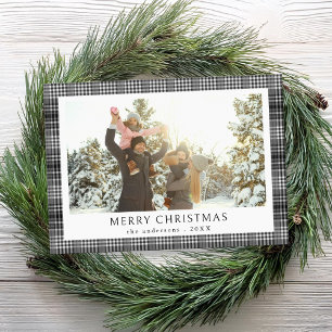 Merry Christmas Black and White Plaid Photo Holiday Card