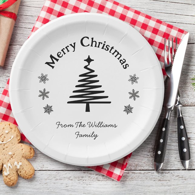 merry christmas black and white simple modern chic paper plate (Creator Uploaded)