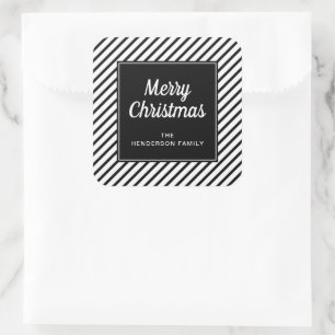 Merry Christmas Black And White Stripes Square Sticker