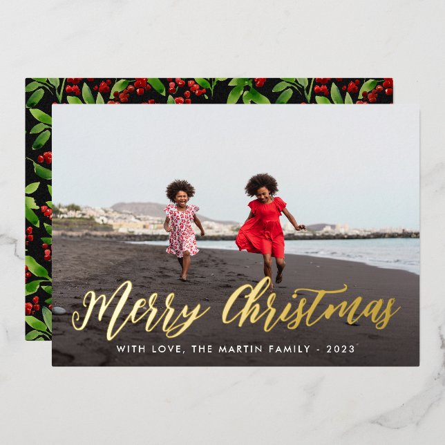 Merry Christmas Black Botanical One Photo Holiday  (Front/Back)