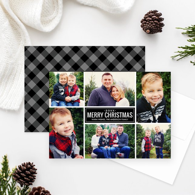 Merry Christmas Black Buffalo Plaid Photo Collage Holiday Card (Creator Uploaded)