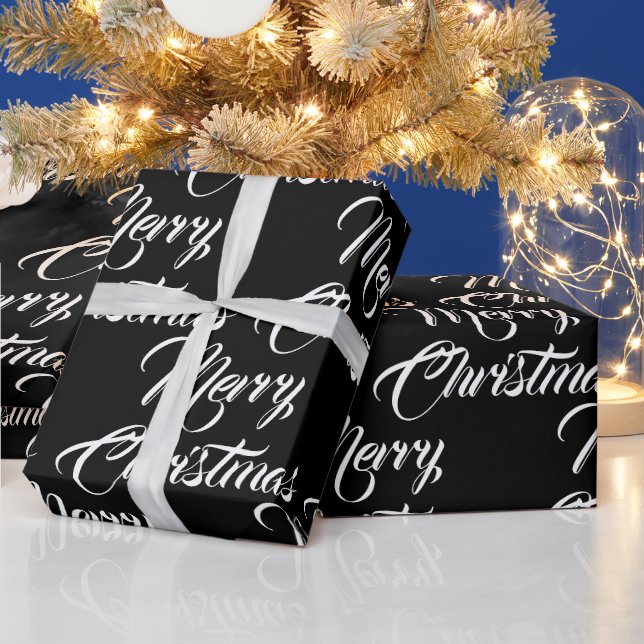 Merry Christmas black custom script elegant Wrapping Paper (Holidays)
