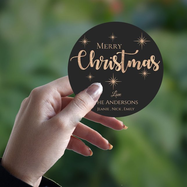  Merry Christmas Black Faux Gold Typography Name Classic Round Sticker (Creator Uploaded)