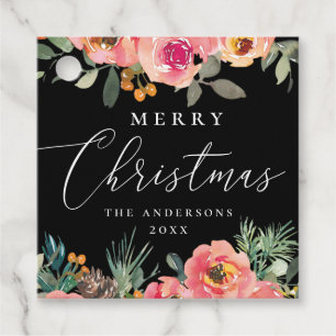 Merry Christmas. Black floral pine branch Holiday Favour Tags