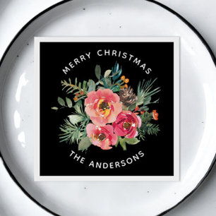 Merry Christmas. Black floral pine branch Holiday Napkin