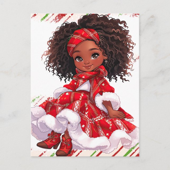 Merry Christmas Black Girl Melanin Girls Xmas Red Postcard (Front)