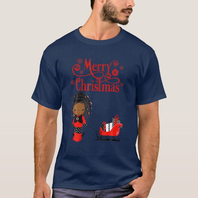 Merry Christmas Black Girl Santa Claus African Ame T-Shirt (Front)