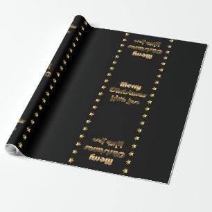 Merry Christmas Black Gold Brown Elegant Stars Wrapping Paper