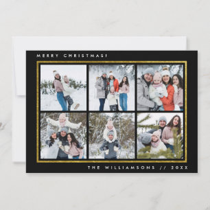 Merry Christmas Black & Gold Foil 6 Square Photos Holiday Card