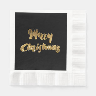 Merry Christmas Black Gold Handwriting Typography Napkin