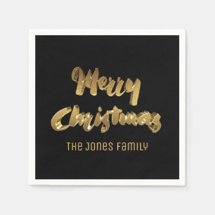 Merry Christmas Black Gold Handwriting Typography Napkin