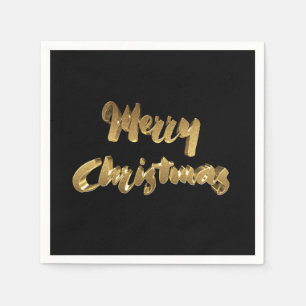 Merry Christmas Black Gold Handwriting Typography Napkin