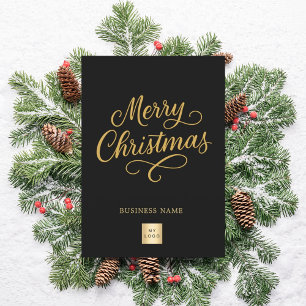 Merry Christmas black gold script business logo Holiday Card