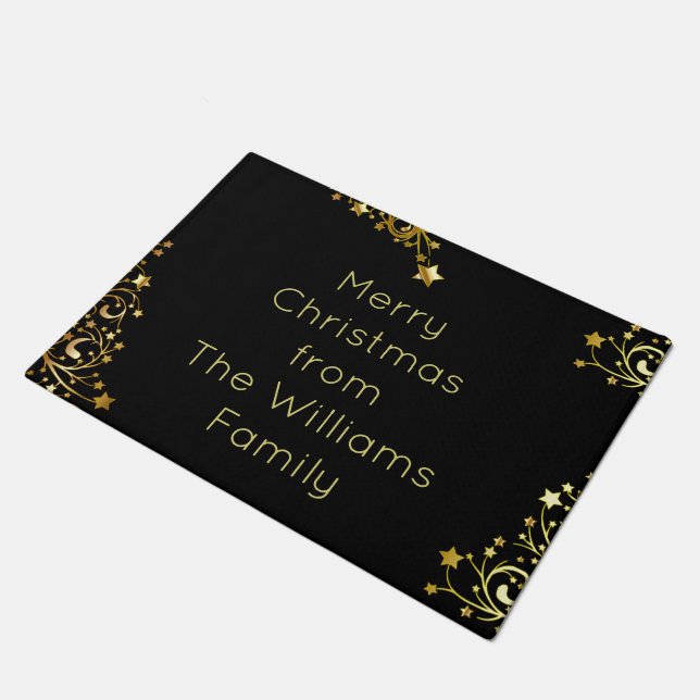 Merry Christmas Black Gold Stars Typography Chic Doormat (Angled)