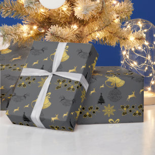 Merry Christmas Black, Gold with Reindeer, Bell GY Wrapping Paper