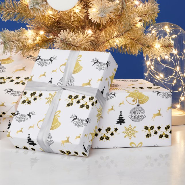 Merry Christmas Black, Gold with Reindeer, Bell WH Wrapping Paper (Holidays)