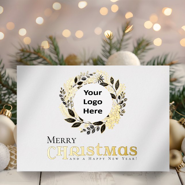 Merry Christmas Black Gold Wreath Business (Modern Black and Gold Foil Wreath Christmas Business Holiday Cards for Clients and Employees)