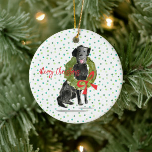 Merry Christmas Black Lab Dog Wreath Holly Family  Ceramic Tree Decoration
