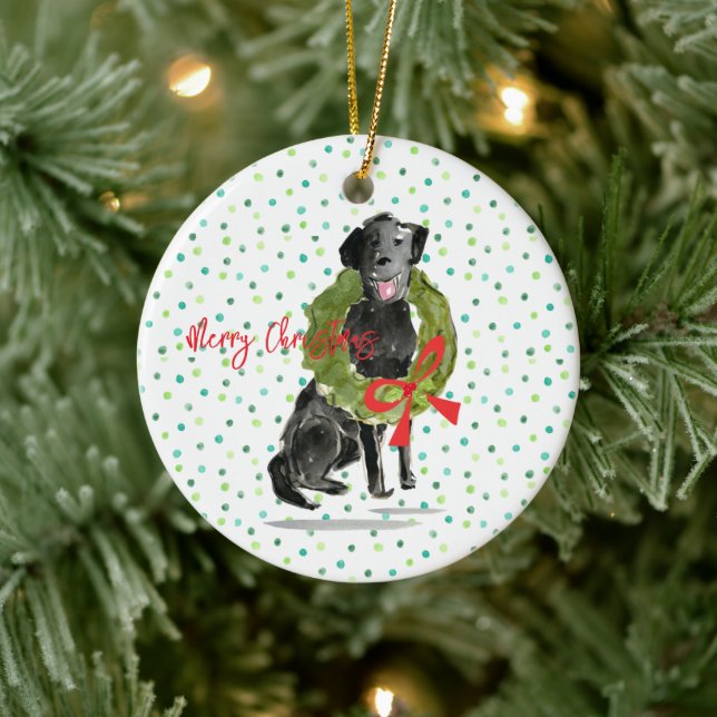 Merry Christmas Black Lab Dog Wreath Holly Family  Ceramic Tree Decoration (Tree)