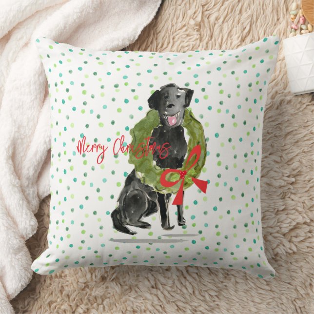 Merry Christmas Black Lab Dog Wreath Holly Family  Cushion (Blanket)