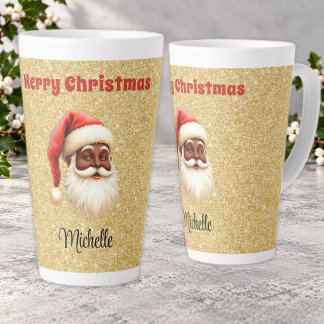 Merry Christmas Black Santa Claus Gold Glitter Latte Mug