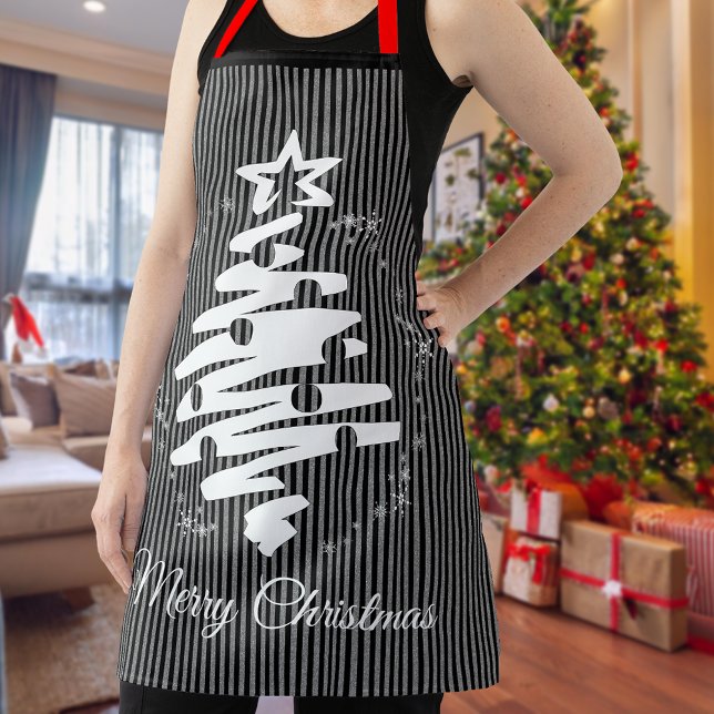 Merry Christmas Black Stripe Modern Holiday Apron (Merry Christmas Black Stripe Modern Holiday Apron)