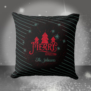 Merry Christmas Black Striped Stars Christmas Tree Cushion