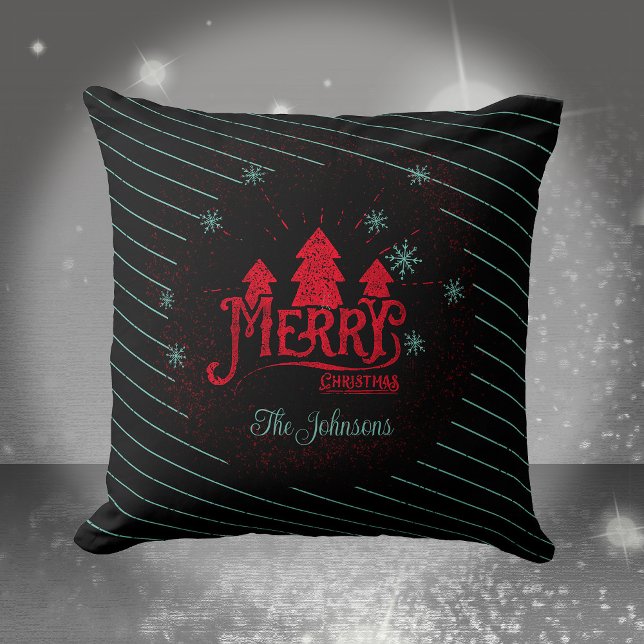 Merry Christmas Black Striped Stars Christmas Tree Cushion (Merry Christmas Black Striped Stars Christmas Tree Throw Pillow ©Susanne Sachers - Sunny Mind Design)
