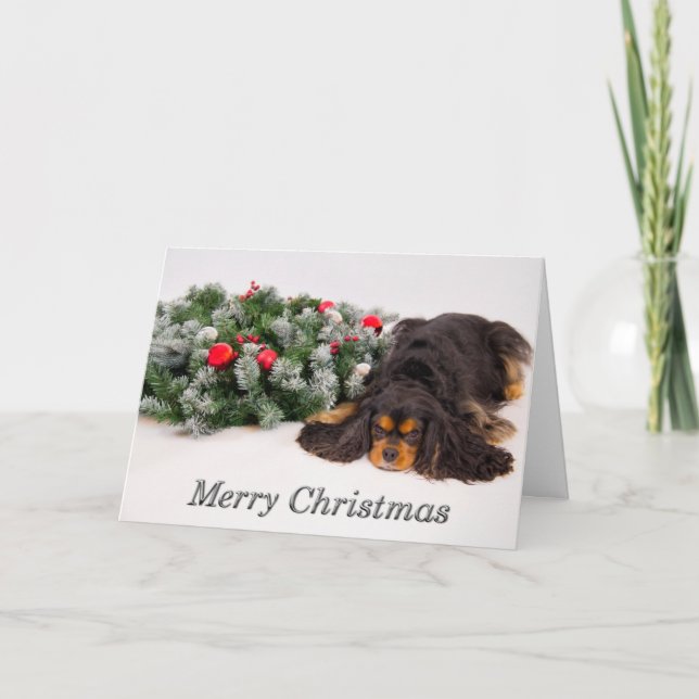 Merry Christmas Black & Tan King Charles Card (Front)