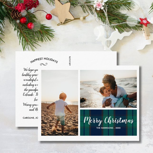 Merry Christmas Black Watch Plaid Photo Collage Postcard (Creator Uploaded)