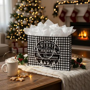 Merry Christmas Black & White Buffalo Plaid Custom Large Gift Bag