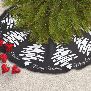 Merry Christmas Black White Elegant Modern Holiday Faux Linen Tree Skirt